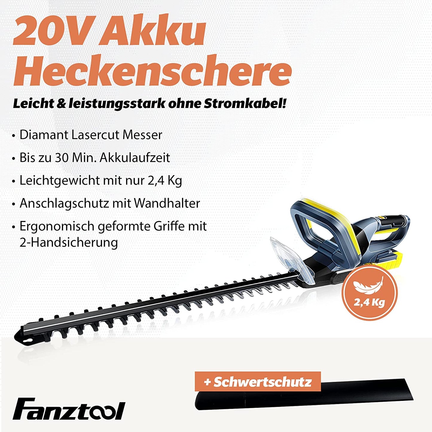 12A FANZTOOL Akku Heckenschere (20 V, 2 Ah Akku, 510 mm Schnittlänge, 16 mm Zahnabstand, 2,4 kg, inkl. Akku und Ladegerät)