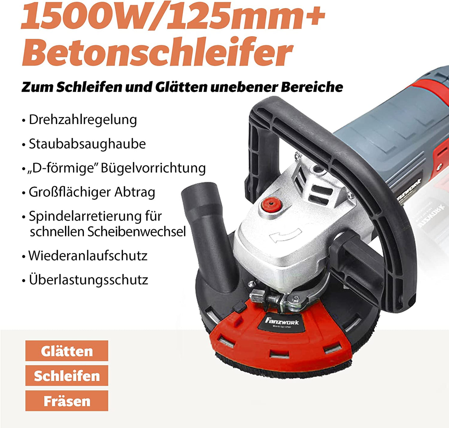 Neuwertig - FANZWORK Betonschleifer Betonfräse Set mit Diamantschleiftopf und Absaughaube (1500W/125mm) - Fanztool