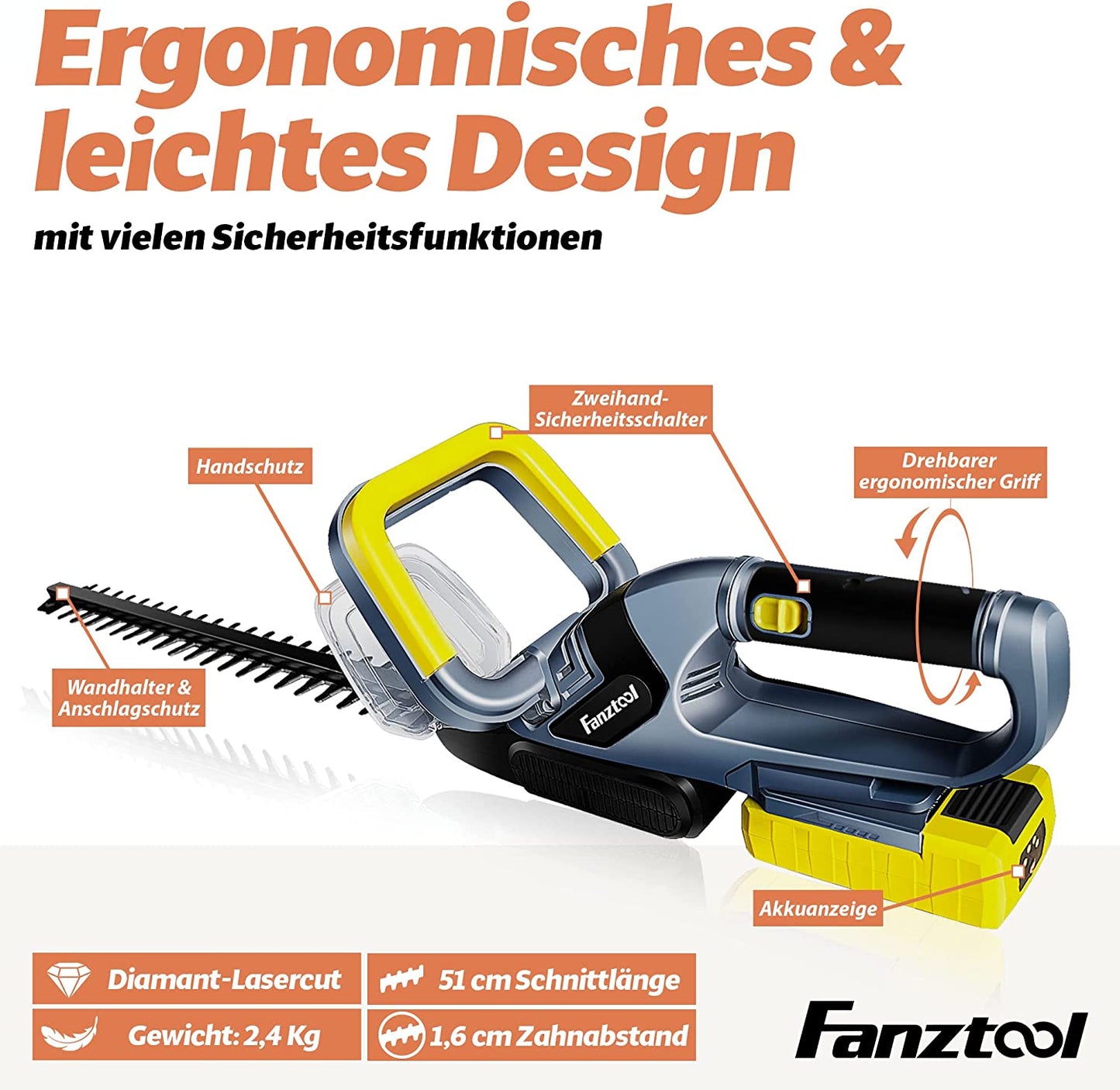 12A FANZTOOL Akku Heckenschere (20 V, 2 Ah Akku, 510 mm Schnittlänge, 16 mm Zahnabstand, 2,4 kg, inkl. Akku und Ladegerät)