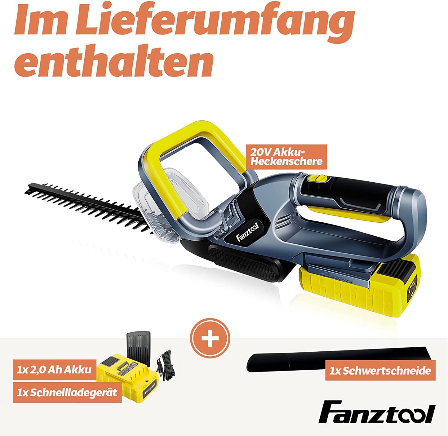 12A FANZTOOL Akku Heckenschere (20 V, 2 Ah Akku, 510 mm Schnittlänge, 16 mm Zahnabstand, 2,4 kg, inkl. Akku und Ladegerät)