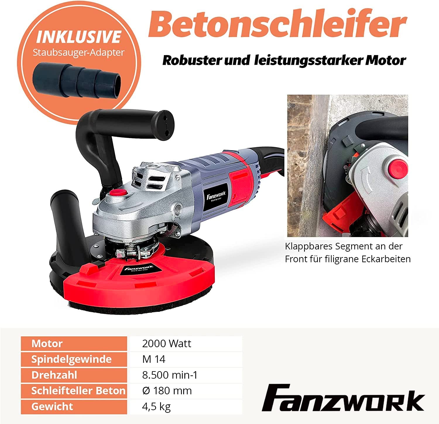 Gebraucht - FANZWORK Betonschleifer Betonfräse 2000W Set mit 180mm Diamantschleiftopf und Absaughaube - Fanztool