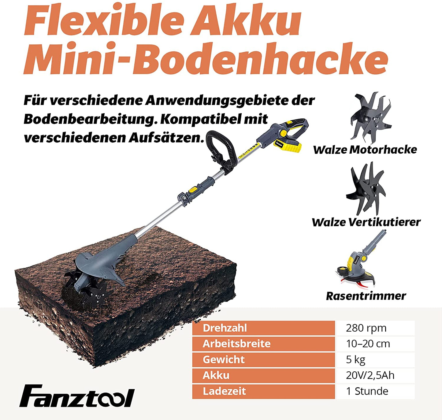 FANZTOOL Motorhacke Bodenhacke Gartenhacke Kultivator(OHNE Akku & Ladegeräte)