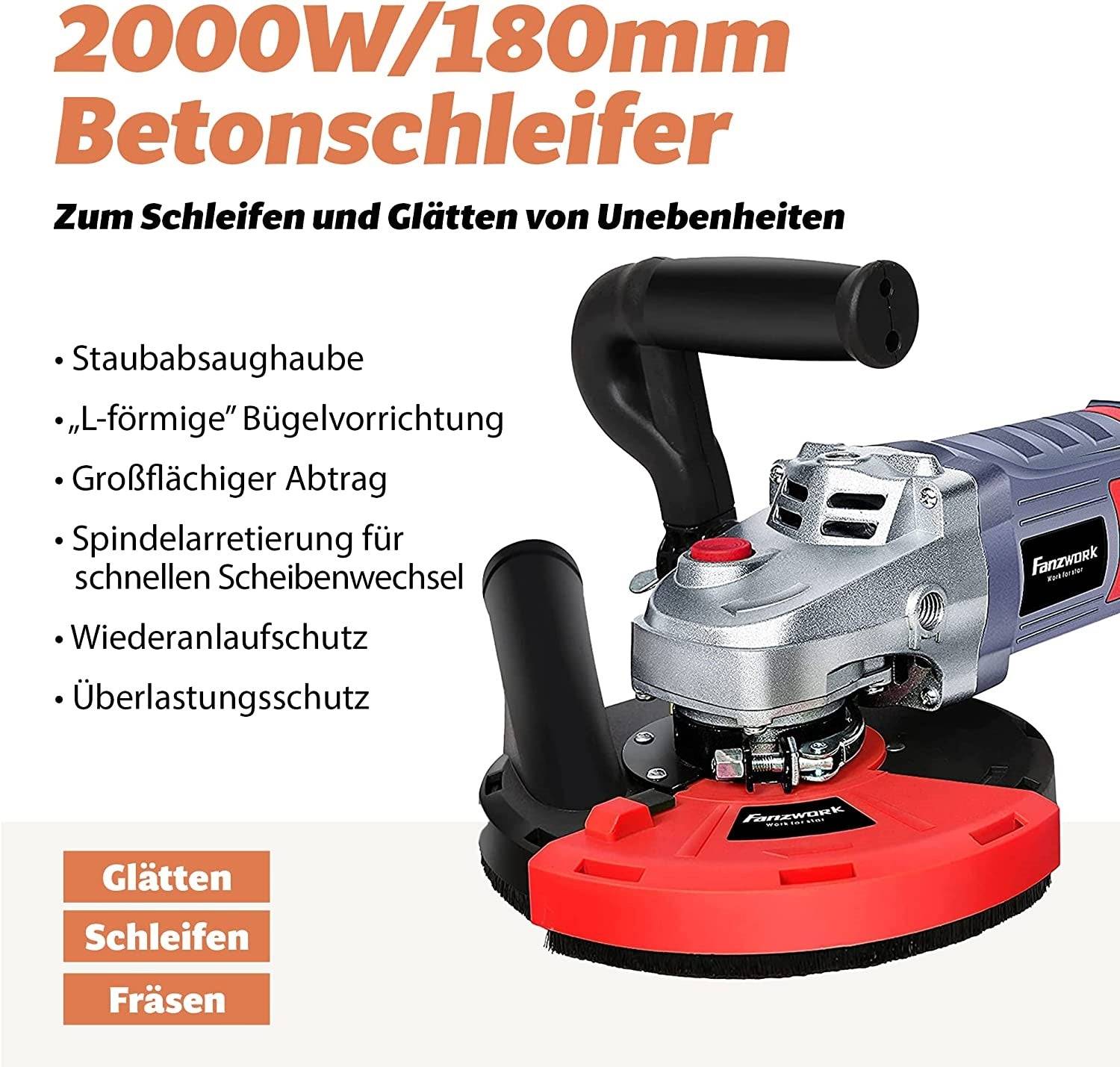 Gebraucht - FANZWORK Betonschleifer Betonfräse 2000W Set mit 180mm Diamantschleiftopf und Absaughaube