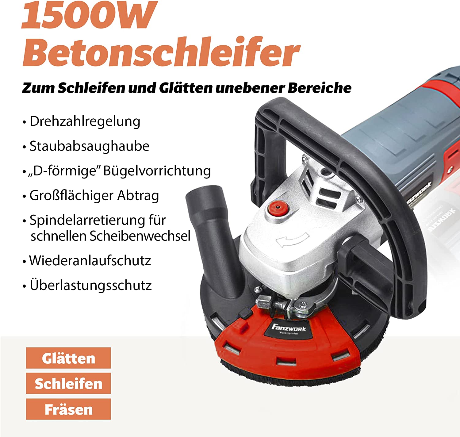 FANZWORK Betonschleifer Betonfräse Set mit Diamantschleiftopf und Absaughaube (1500W/125mm+) - Fanztool