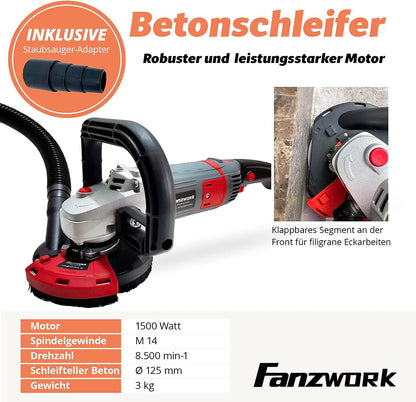 FANZWORK Betonschleifer Betonfräse Set mit Diamantschleiftopf und Absaughaube (1500W/125mm+) - Fanztool