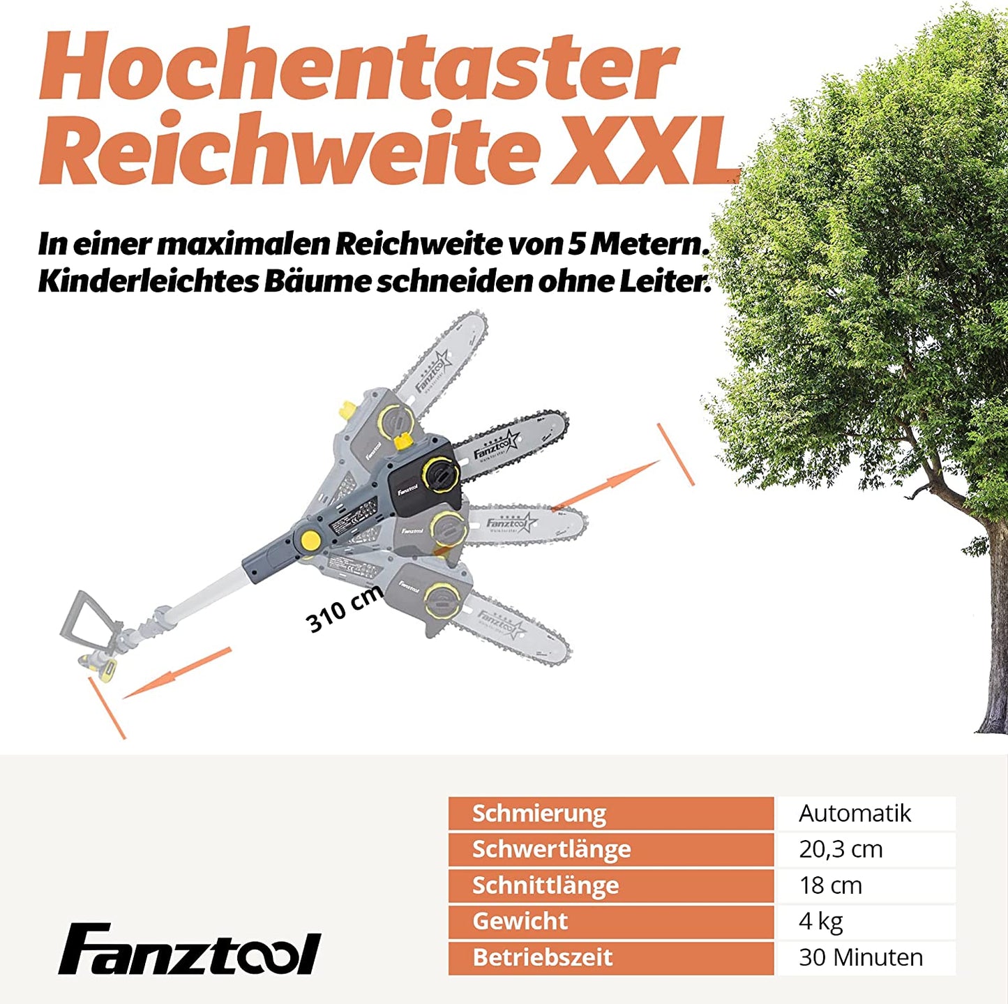 FANZTOOL Hochentaster, Höhe bis 5 m, leichtes Gewicht 4 kg(OHNE Akku & Ladegeräte)