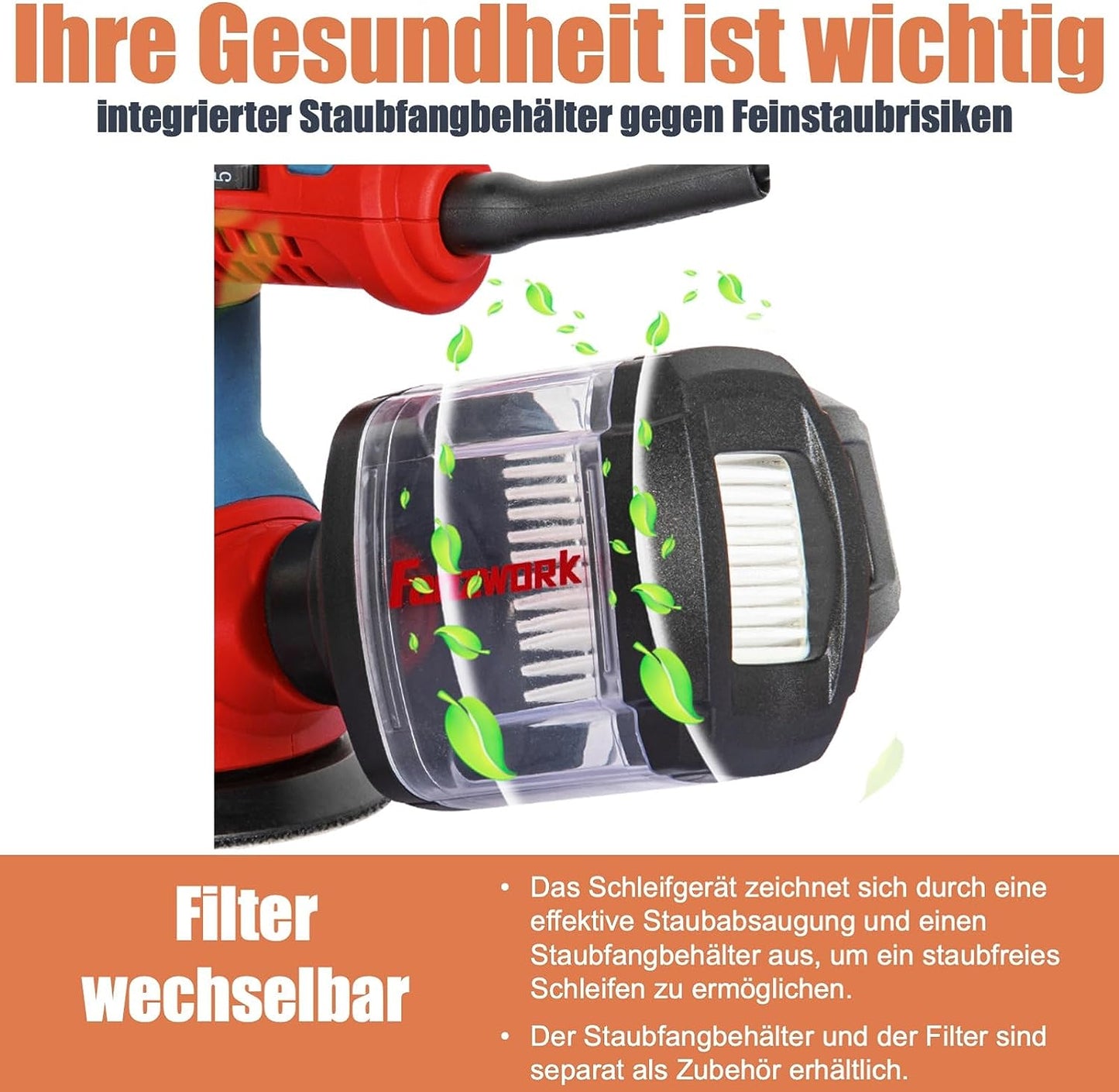 FANZWORK  300W Exzenterschleifer mit Staubfangbehälter staubgeschütztem Schalter - Fanztool