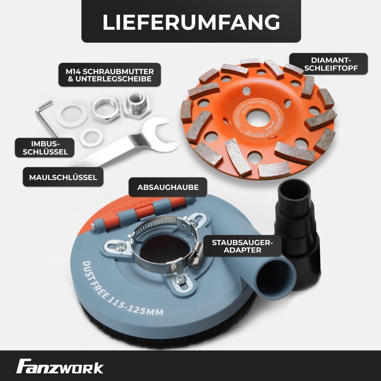 FANZTOOL Absaughaube für Winkelschleifer 125mm + Diamantschleiftopf Premium - Fanztool