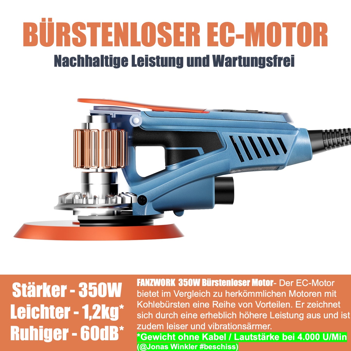 Neuwertig - FANZWORK Exzenterschleifer 5mm Schleifhub mit 150mm Schleifteller Klett. 350W bürstenlosen EC-Motor, inkl. Tragkoffer - Fanztool