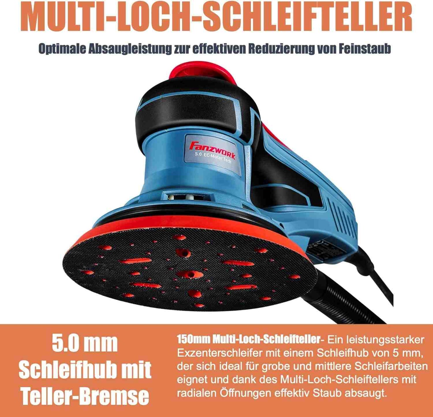 Neuwertig - FANZWORK Exzenterschleifer 5mm Schleifhub mit 150mm Schleifteller Klett. 350W bürstenlosen EC-Motor, inkl. Tragkoffer - Fanztool