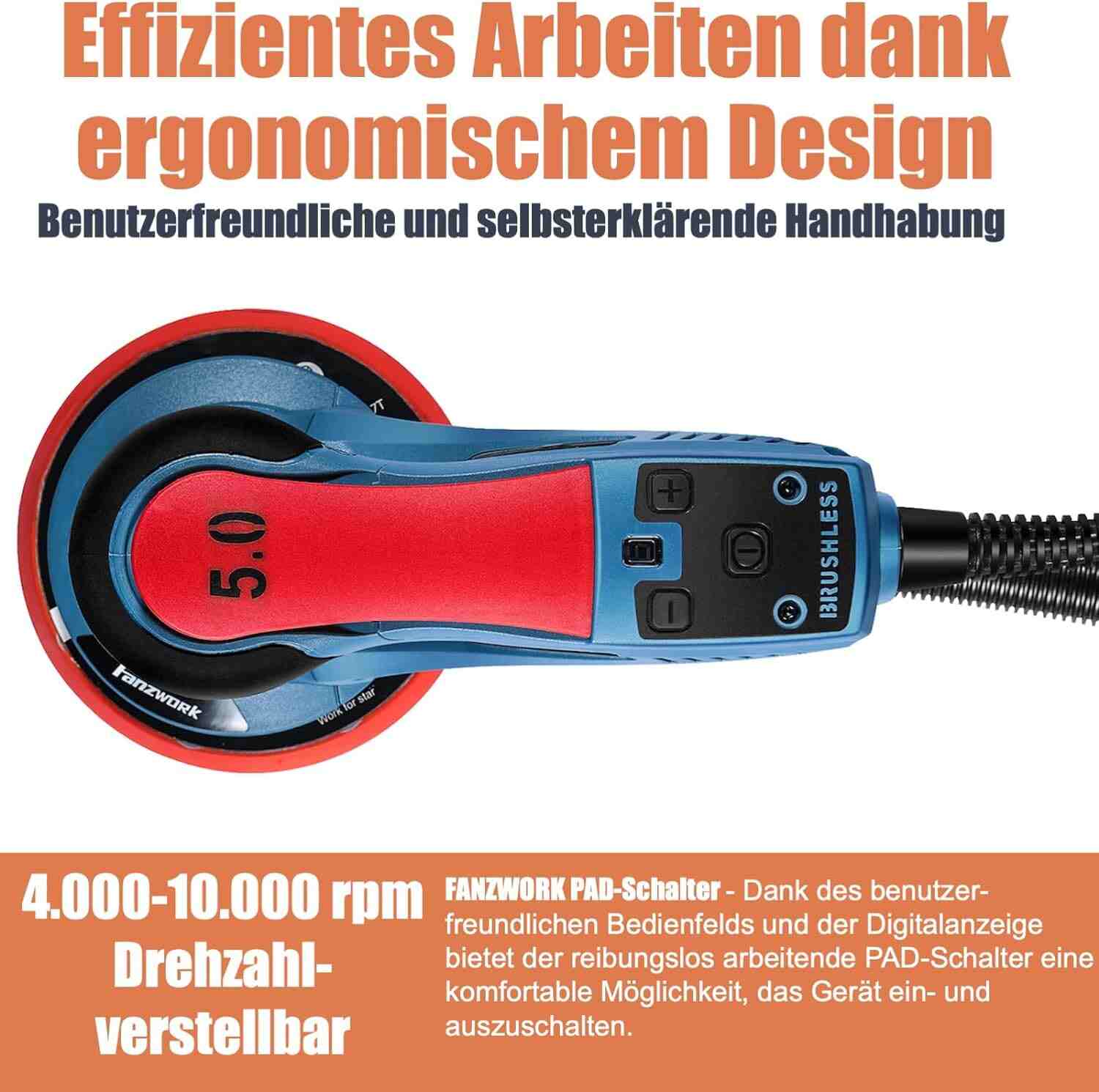 Neuwertig - FANZWORK Exzenterschleifer 5mm Schleifhub mit 150mm Schleifteller Klett. 350W bürstenlosen EC-Motor, inkl. Tragkoffer - Fanztool