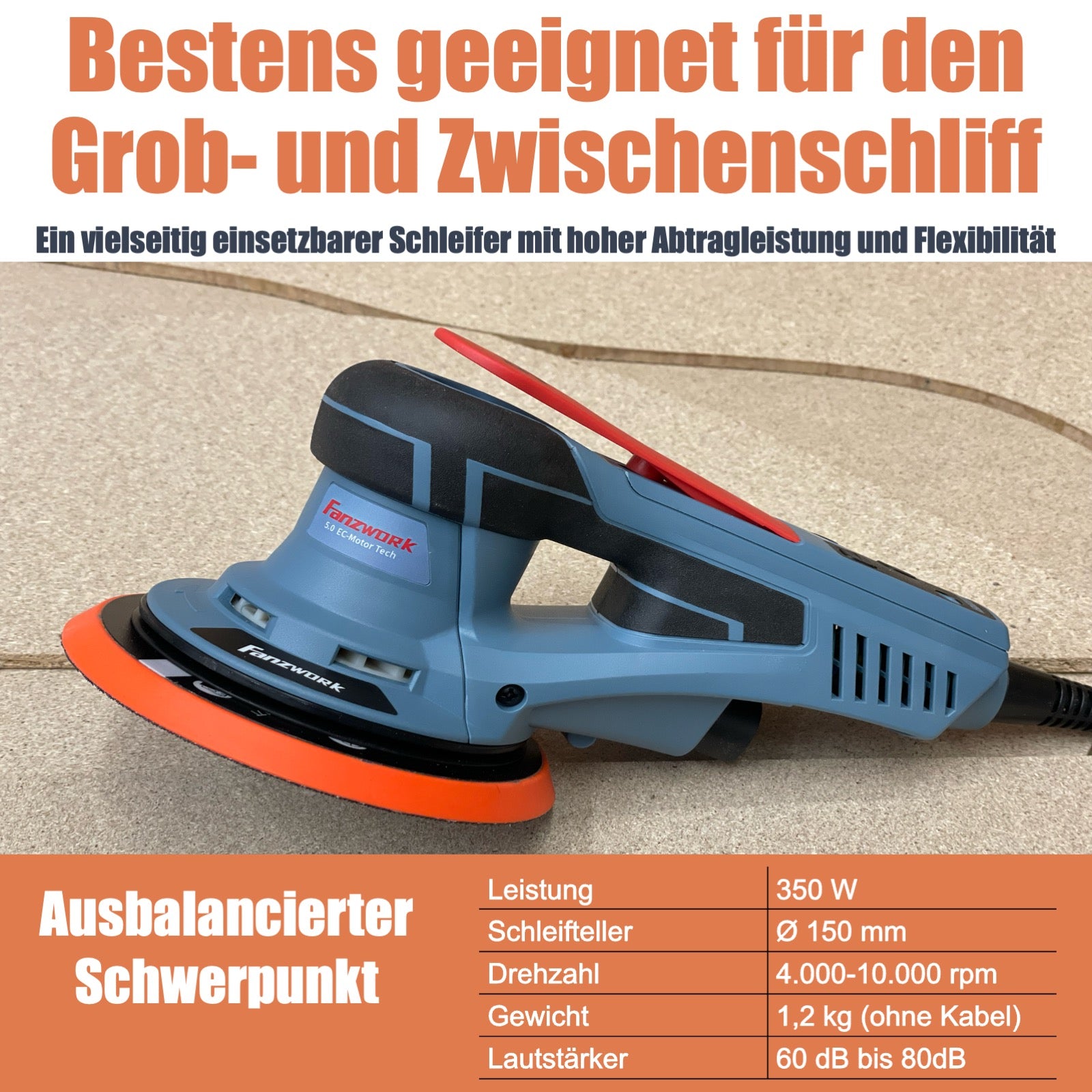 Neuwertig - FANZWORK Exzenterschleifer 5mm Schleifhub mit 150mm Schleifteller Klett. 350W bürstenlosen EC-Motor, inkl. Tragkoffer - Fanztool