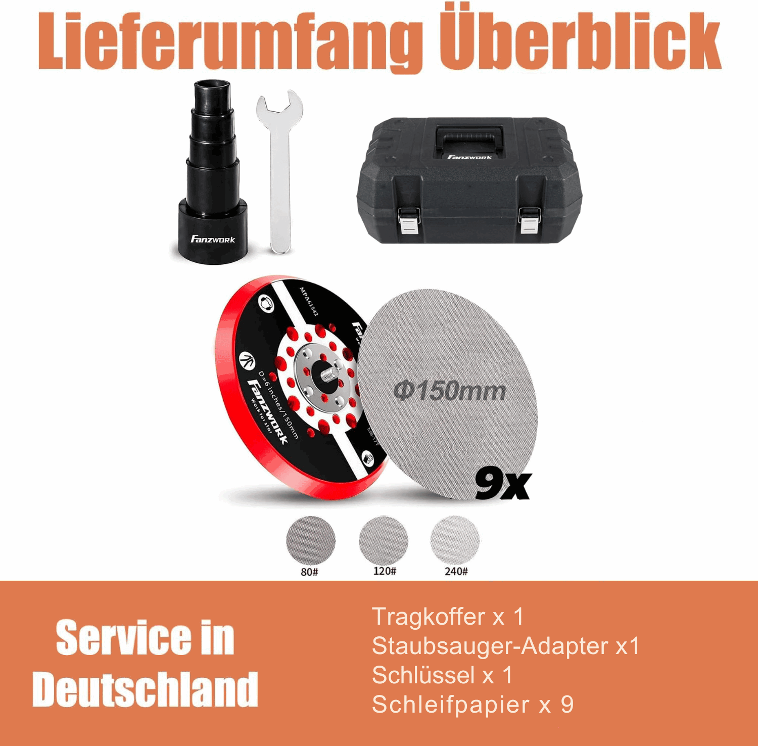 Neuwertig - FANZWORK Exzenterschleifer 5mm Schleifhub mit 150mm Schleifteller Klett. 350W bürstenlosen EC-Motor, inkl. Tragkoffer